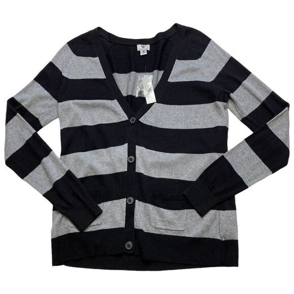 Worthington‎ Black Gray Stripe Light Weight Cardigan Button Down Sz Medium NEW - Picture 2 of 8